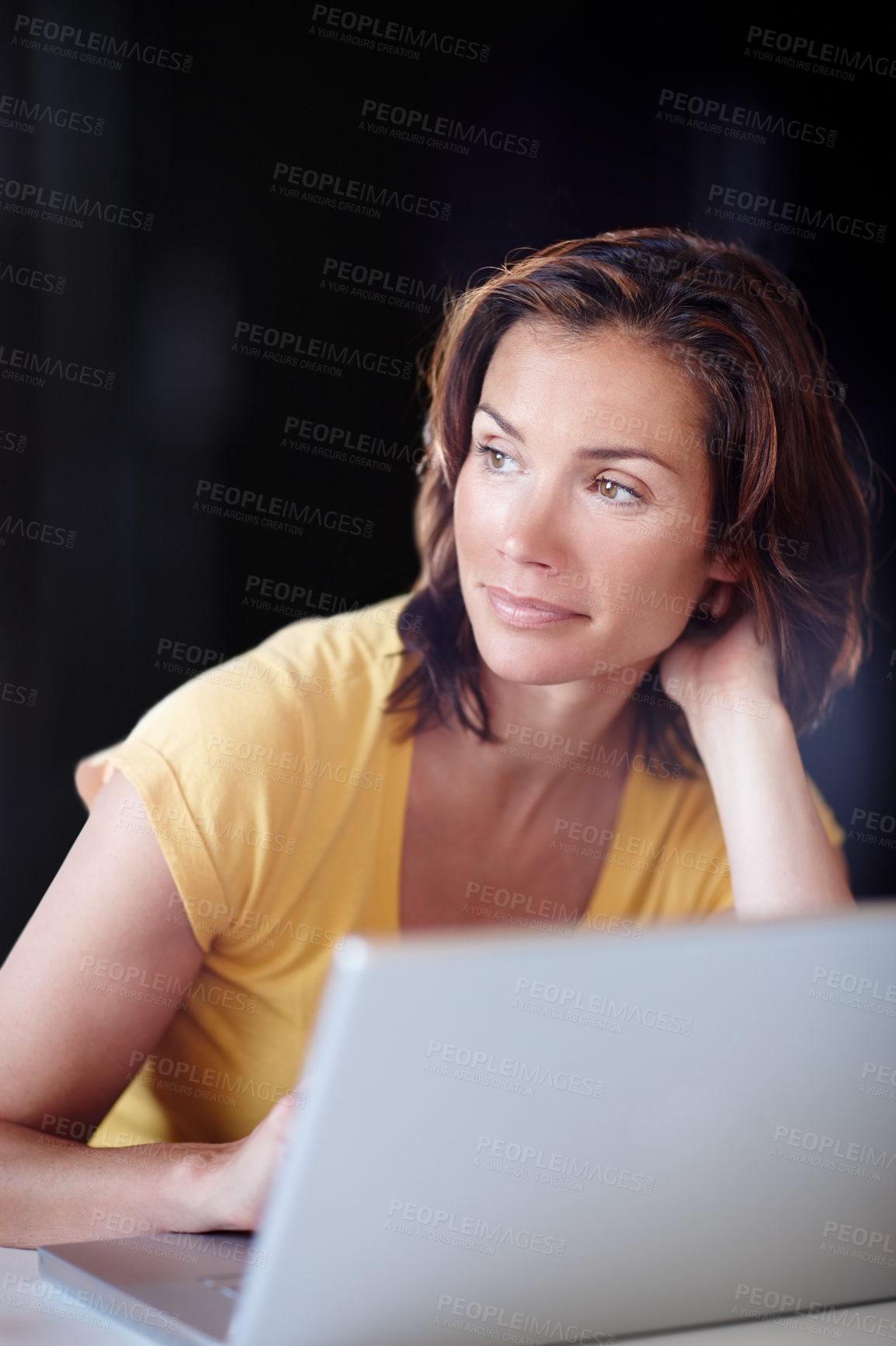 Buy stock photo Remote work, thinking and woman with laptop in home office with calm, reflection or questions on black background. Freelance, writing and person with pc for copywriting, idea or planning newsletter