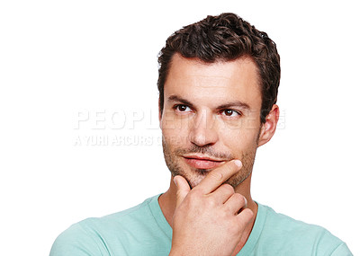 Buy stock photo Man, serious face and thinking hands in white background for idea planning, inspiration mindset and thoughtful ideas. Person, vision success and mindfulness, pensive doubt or worry isolated in studio