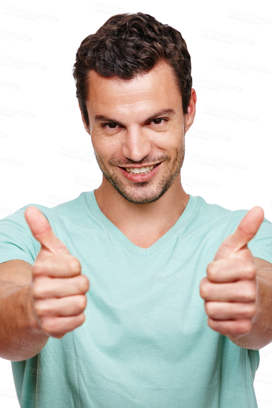 Buy stock photo Thumbs up, approval and portrait of a happy man in a studio with success, good news and agreement. Happiness, smile and male model with a yes, ok and satisfaction gesture isolated by white background