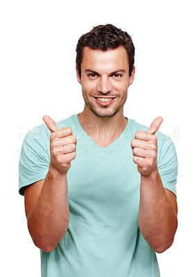 Buy stock photo Thumbs up, happy and portrait of a man in a studio with success, good news and agreement. Happiness, smile and handsome male model with a yes, ok and approval gesture isolated by a white background.