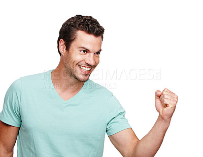 Buy stock photo Happy man, cheerful and smile in celebration for winning, discount or goal against a white studio background. Isolated male model winner smiling and celebrating win, sale or achievement on mockup