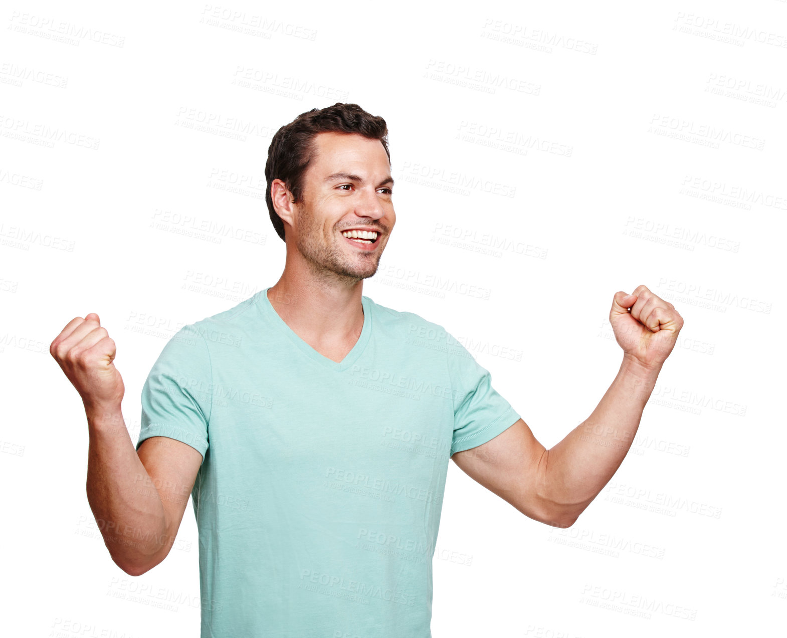 Buy stock photo Happy, cheerful and man in celebration for winning, discount or goal against a white studio background. Isolated male model winner with smile celebrating win, sale or achievement on mockup