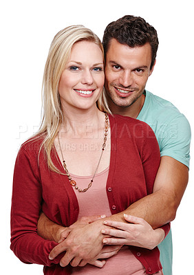 Buy stock photo Love, portrait and couple hug in studio white background together happy for memories, romance and support. Smiling, man and woman embrace with care, date and commitment to relationship or unity