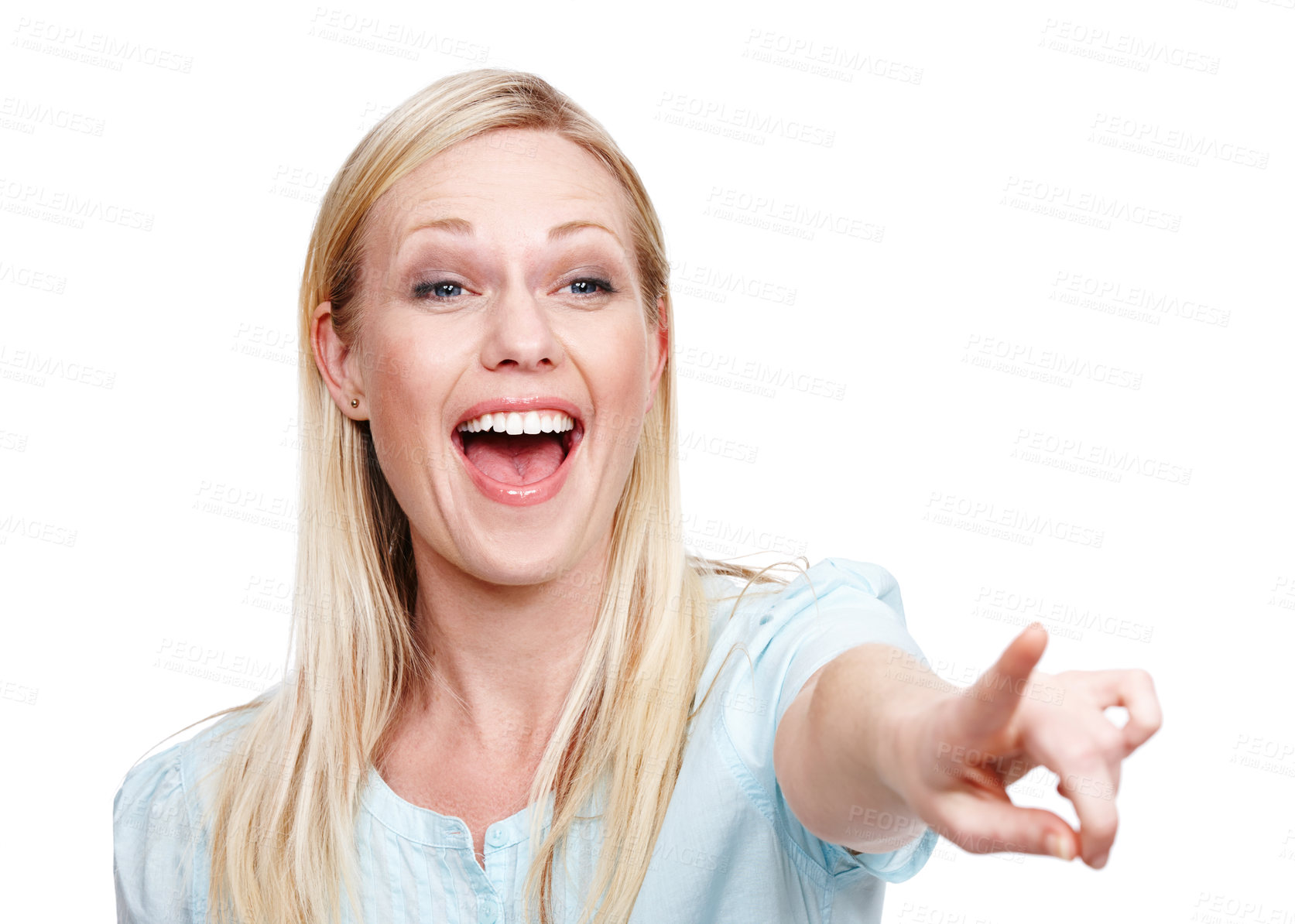 Buy stock photo Happy woman, laughing and pointing with finger for funny joke, humor or comedy on a white studio background. Young female person or blonde with smile in joy for goofy surprise, gossip or silly rumor