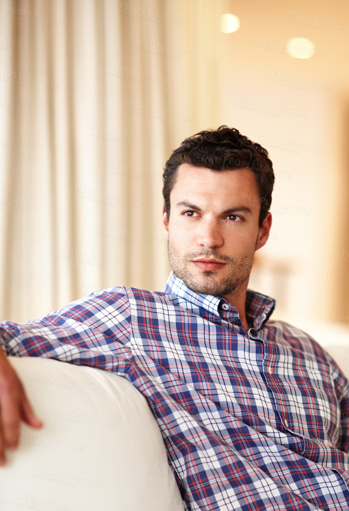 Buy stock photo Home, serious and man with thinking on sofa for morning, peace and idea of plans on weekend. Couch, relax and male person with contemplating in living room for calm, comfort and reflection of memory