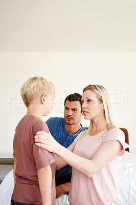 Buy stock photo Home, discussion and people with discipline of child for behaviour problem, guidance and advice. Mother, father and communication with son in bedroom for gentle parenting, comfort and understanding