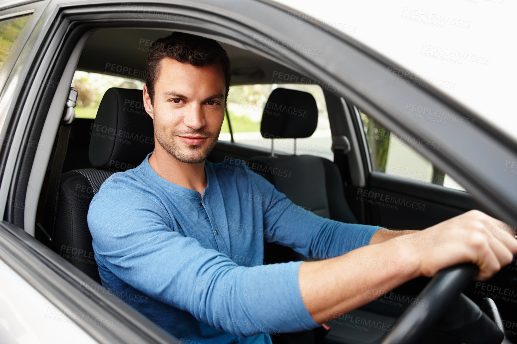 Buy stock photo Man, car and steering wheel for portrait, driving and vacation for transport. Road trip, adventure or vehicle for holiday with happy male person, journey or driver from window for countryside travel