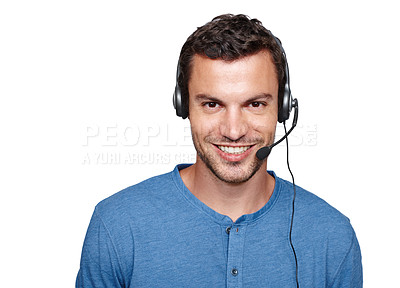 Buy stock photo Customer service consulting, face portrait and man talk on contact us CRM, telemarketing or call center. Telecom microphone, customer support communication and consultant on white background studio