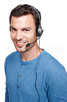 Buy stock photo Customer support consulting, face portrait and man talking on contact us CRM, telemarketing or call center. Telecom microphone, customer service communication or consultant on white background studio