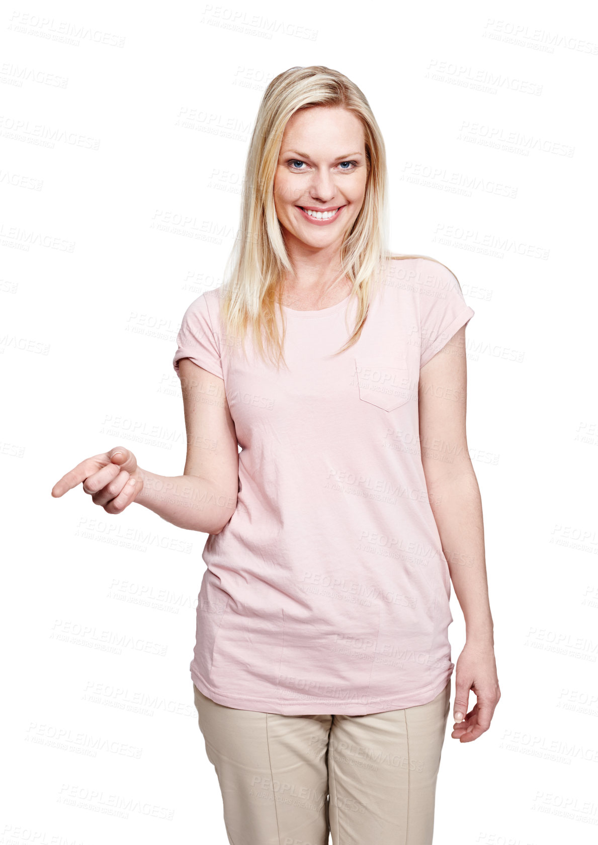 Buy stock photo Happy portrait, woman and pointing with mockup for promotion, deal or information in studio. Smile, female person and gesture to space for announcement, logo and advertising by white background