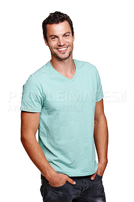 Buy stock photo Portrait, smile and happy man with hands in pocket in studio isolated on a white background. Pride, cool and model male posing in tshirt clothes for trendy style and positive mindset for motivation