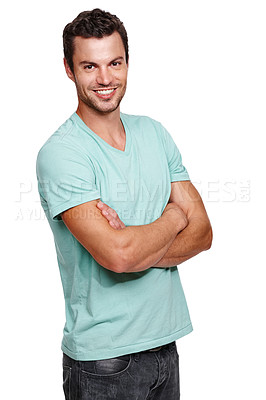 Buy stock photo Man, portrait and happy model with a smile and arms crossed with isolated white background. Calm, happiness and vertical casual positive person with tshirt in a studio with mock up standing alone 