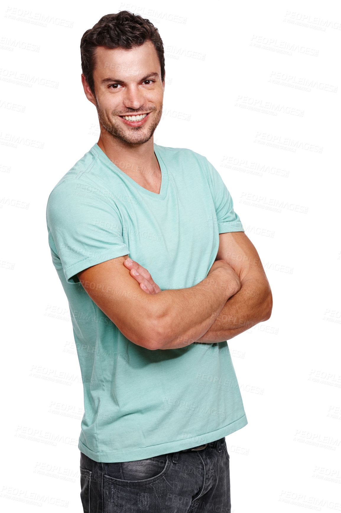 Buy stock photo Man, portrait and happy model with a smile and arms crossed with isolated white background. Calm, happiness and vertical casual positive person with tshirt in a studio with mock up standing alone 