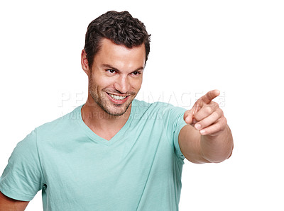 Buy stock photo Man, face and happy vision pointing finger for advertising, marketing mockup and product suggestion in white background. Handsome person, confident smile and point hands or laugh isolated in studio