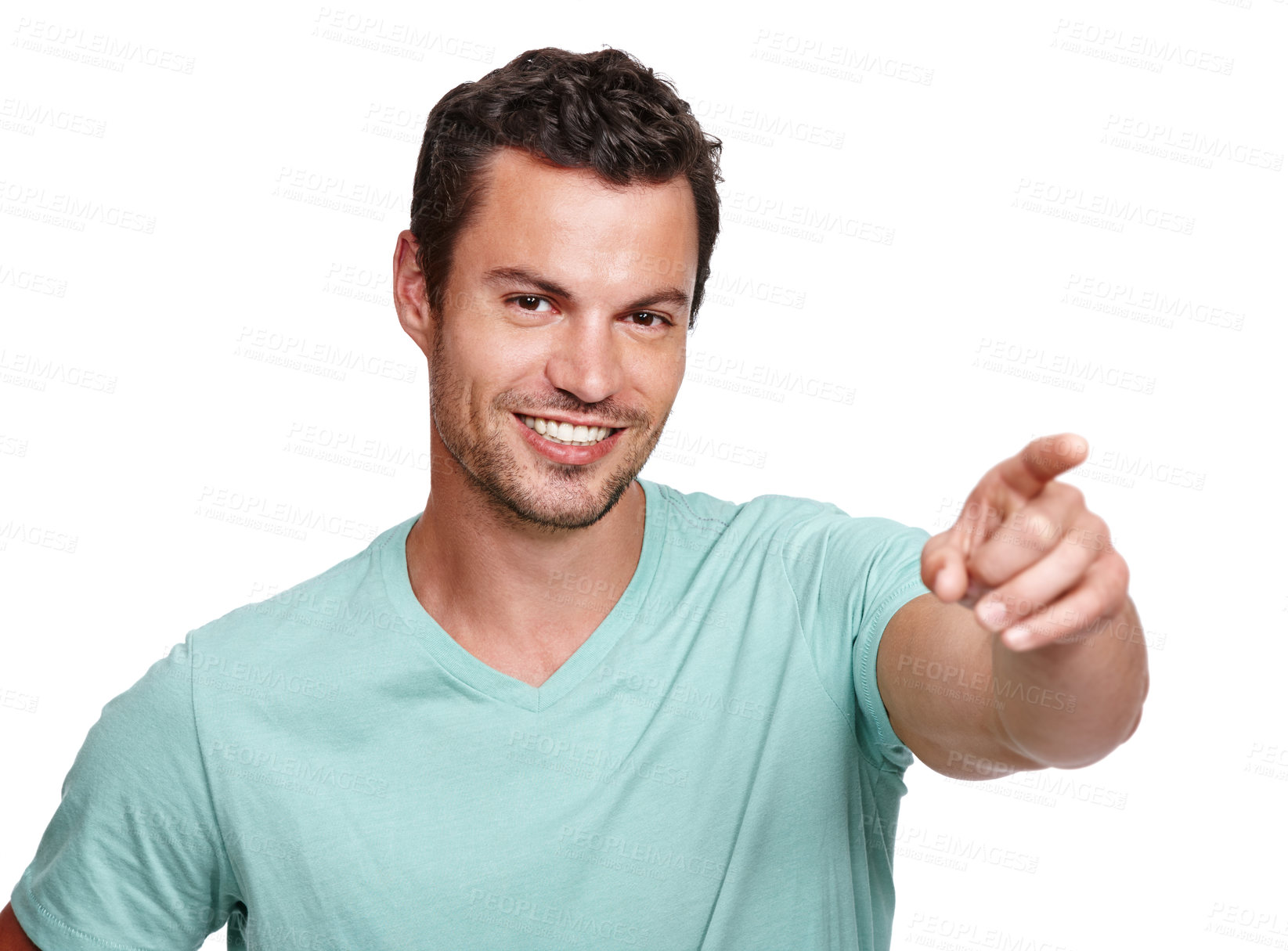 Buy stock photo Handsome man, smile portrait and pointing finger for advertising, marketing mockup and product suggestion in white background. Person, confident and point hands or calm happiness isolated in studio