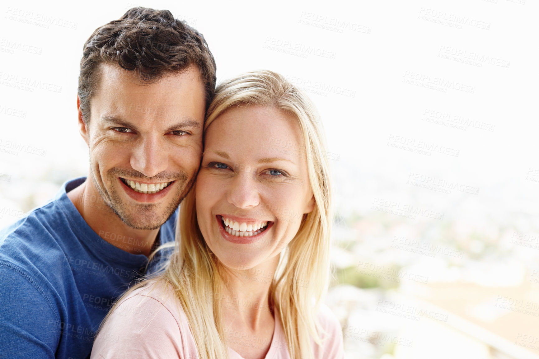 Buy stock photo Couple, hug and portrait on balcony for smile in relationship, romance and weekend date in outdoor. People, embrace and together for affection in marriage, bonding and support or security on terrace