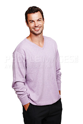 Buy stock photo Fashion, handsome and portrait of a man in studio with a casual, classy and stylish sweater. Happy, smile and young male model from Mexico with a trendy and luxury outfit isolated by white background