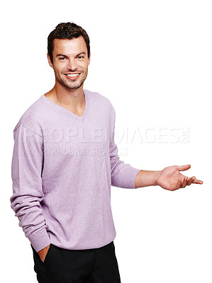 Buy stock photo Man, portrait and smile of a model with white background gesture to mockup for advertisement. Isolated, studio and person with mock up space for marketing and advertising with happiness and smiling