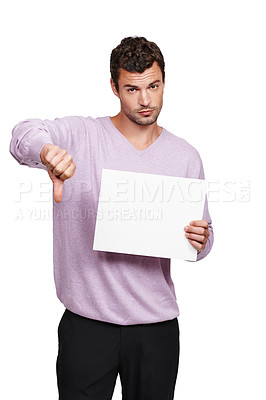 Buy stock photo Man, thumbs down hand sign and portrait of model show marketing and advertising poster. White background, isolated and sales board poster for no branding message on a mockup billboard on paper