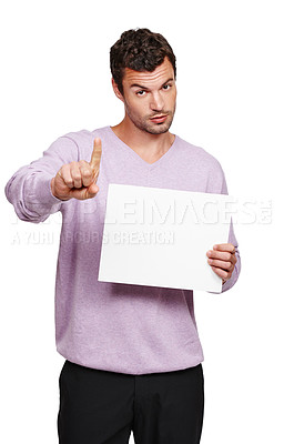 Buy stock photo Man portrait, hold hand sign and blank sign of a model show marketing and advertising poster. White background, isolated and sales board poster for branding message on a mockup billboard on paper