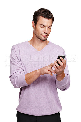 Buy stock photo Man, phone and mobile communication of a person with a text typing with white background. Isolated, cellphone and social media scroll of a vertical male on web, internet and online with screen touch
