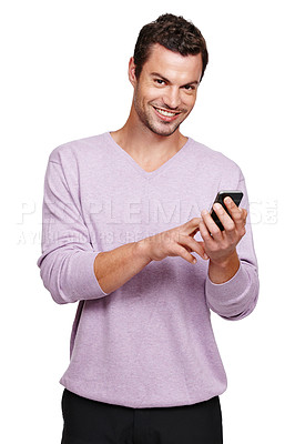 Buy stock photo Portrait, man and smartphone for connection, social media or guy isolated on white studio background. Male, gentleman or cellphone for communication, chatting or texting to connect or search internet