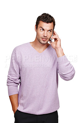 Buy stock photo Man, phone call conversation and thinking in studio for online discussion, mobile communication and talking in white background. Person, standing casual and speaking on smartphone isolated in studio
