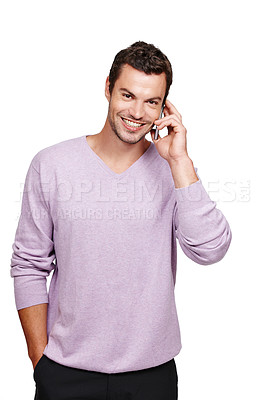 Buy stock photo Man, phone call and smile portrait talking in studio for online communication, mobile phone discussion and happy isolated in white background. Casual person, smartphone and happiness speaking on call