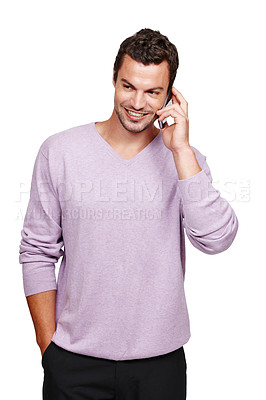 Buy stock photo Man, phone call and talking with smile in studio for online communication, mobile phone discussion and happy isolated in white background. Casual person, smartphone and happiness speaking on call 