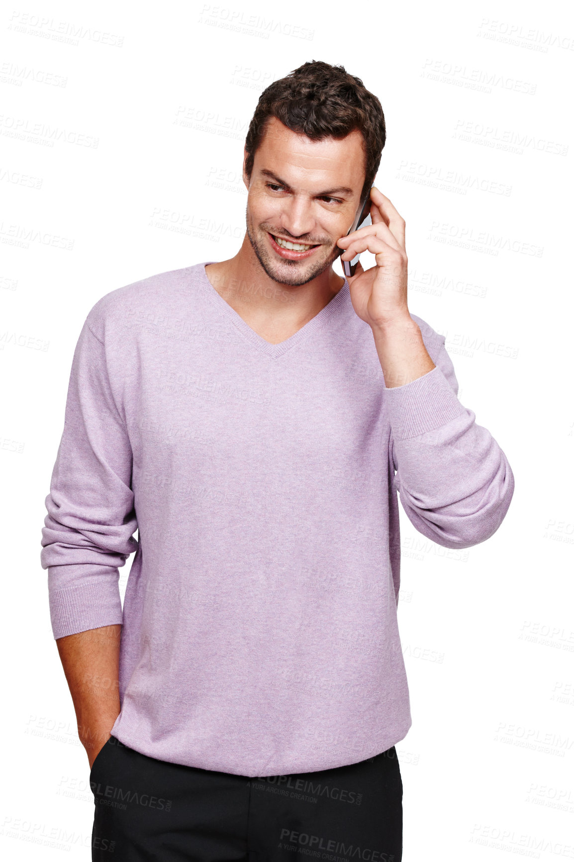 Buy stock photo Man, phone call and talking with smile in studio for online communication, mobile phone discussion and happy isolated in white background. Casual person, smartphone and happiness speaking on call 