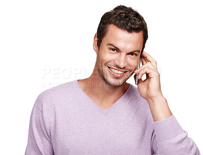 Buy stock photo Phone call, conversation and man portrait with smile and contact talking on tech with white background. Isolated, happiness and communication of a person on mobile phone speaking with mockup