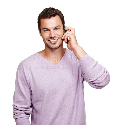 Buy stock photo Mobile, phone call and portrait of a man with smile contact online talking on technology. Isolated, happiness and conversation of a person on a mobile phone speaking with mock up and white background