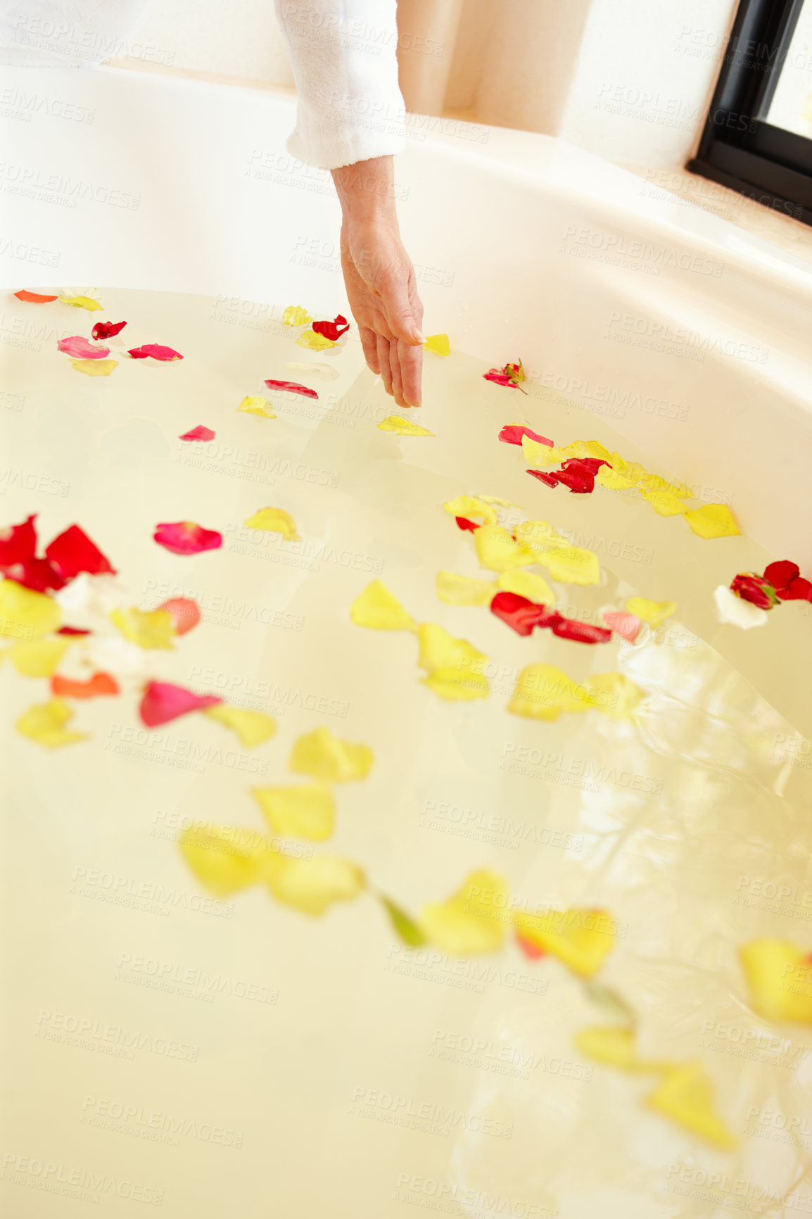 Buy stock photo Hand, flower and petals in bath water in bathroom with skin or fingers for washing, cleaning and wellness. Person, touch and feel by bathtub with warm or hot liquid in house or calm, relax or hygiene