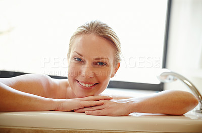 Buy stock photo Home, happy and portrait of woman in bath with soap, bubbles and foam for cleaning, washing and grooming. Relax, pamper and person in water for calm for skincare, wellness and self care in bathroom