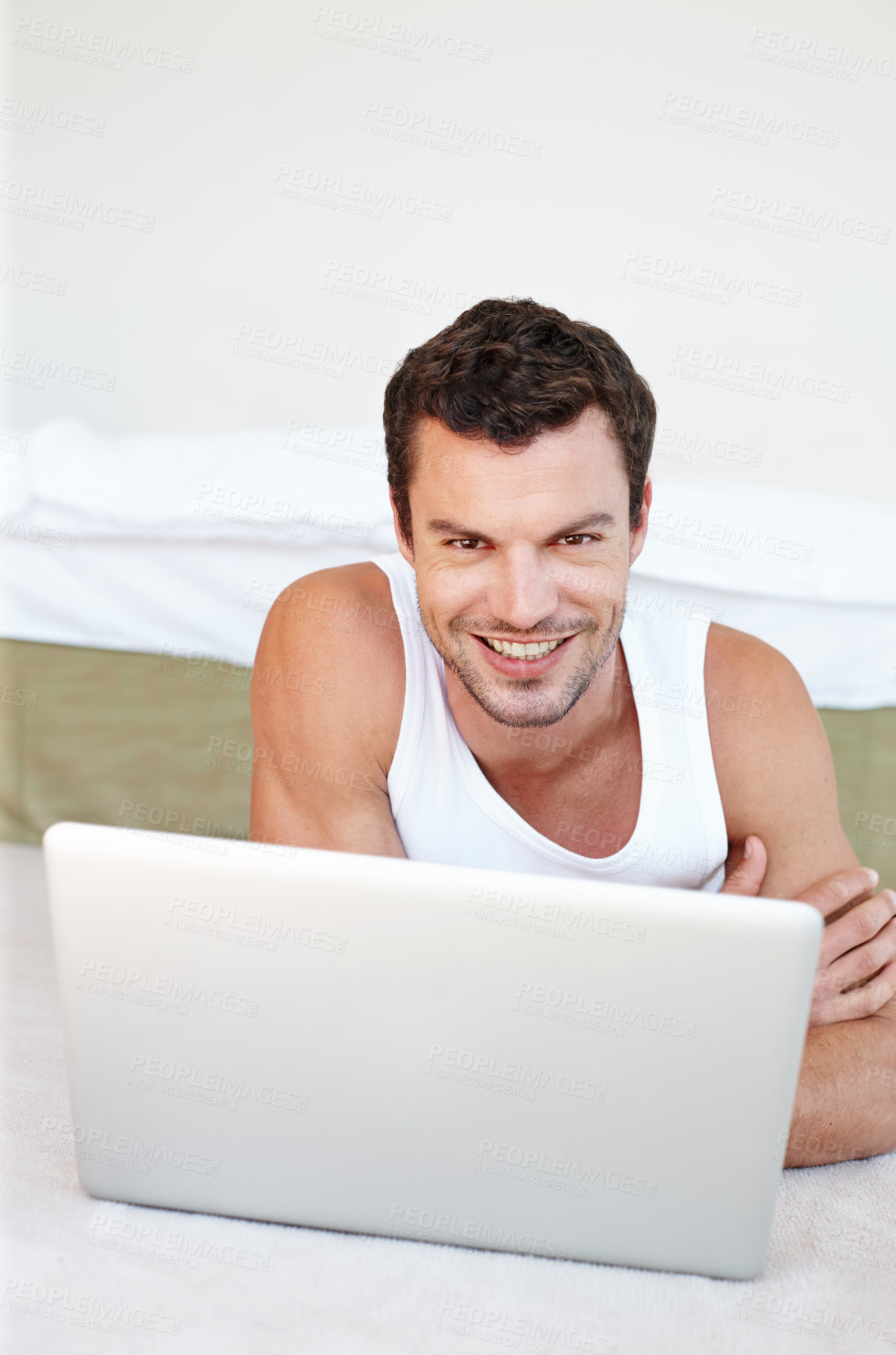 Buy stock photo Man, portrait and laptop for remote work in bedroom with reading email, plan schedule and freelance career. Guy, computer and web research for copywriting, online project and morning news in home