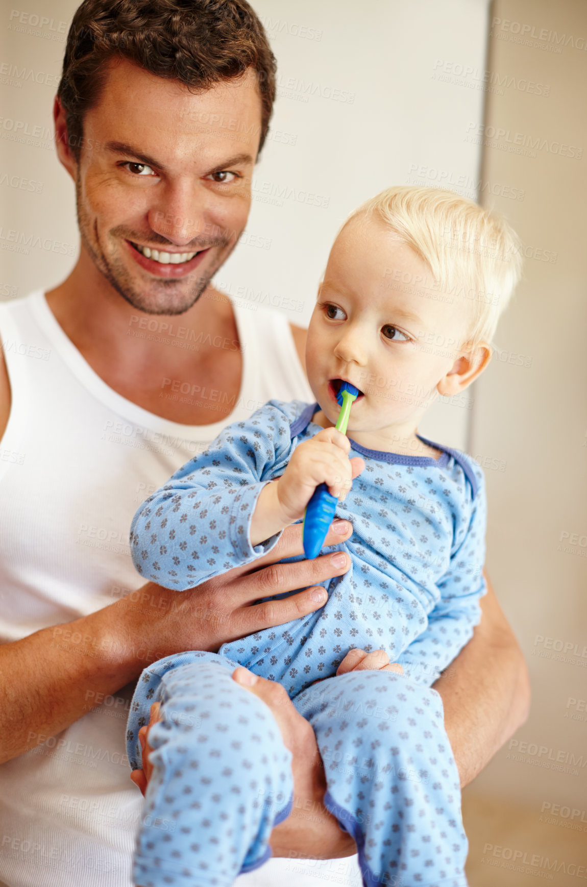 Buy stock photo Dental, portrait or father and baby brushing teeth in bathroom for learning, support or bonding in wellness. Oral care, toothbrush or kid with dad in house for teaching, cleaning or morning routine