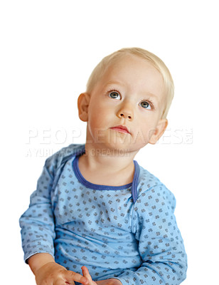 Buy stock photo Thinking, child and boy in studio for questions, information and development for memory.  Future, ideas and kid isolated by white background with mockup for problem solving or concentration skills