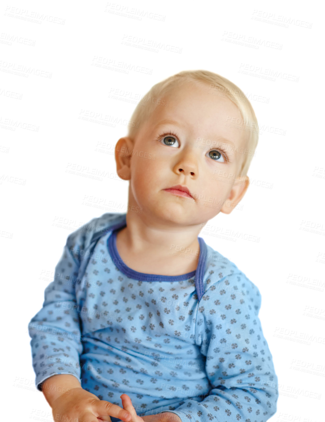 Buy stock photo Thinking, child and boy in studio for questions, information and development for memory.  Future, ideas and kid isolated by white background with mockup for problem solving or concentration skills