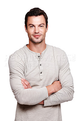 Buy stock photo Man, smile and arms crossed with mindset or vision for happy ambition, goal or profile against white studio background. Portrait of a isolated young male smiling with crossed arms on white background
