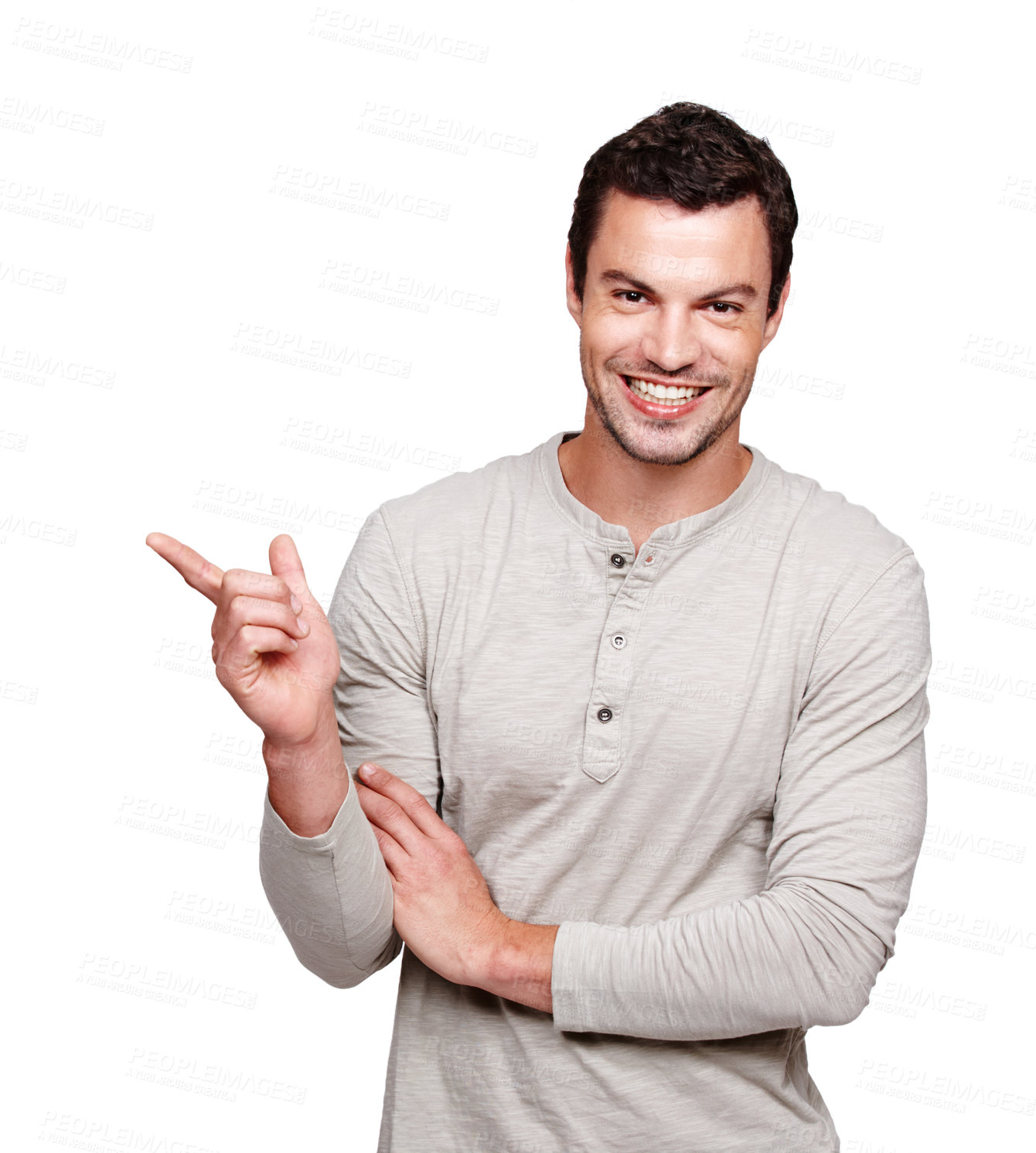 Buy stock photo Pointing finger, space and portrait of a man advertising blank mockup isolated on a white background. Smile of a male model from France with hand sign for promotion, announcement and brand product