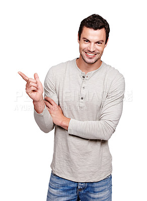 Buy stock photo Man, happy and portrait while pointing finger at mockup space for advertising isolated on a white background. Smile of a male from France with hand sign for promotion, announcement and brand product