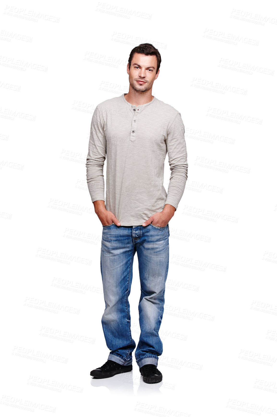 Buy stock photo Fashion, style and portrait of man on a white background posing in trendy, stylish and modern clothes. 2000s style, confident and fashion model isolated in studio with casual, retro and cool clothes