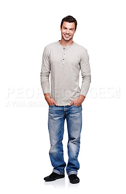 Buy stock photo Portrait, smile and man with hands in pocket in studio isolated on a white background looking happy. Pride, cool and model male posing in denim jeans clothes for trendy style and positive mindset