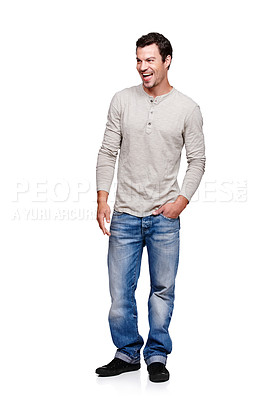 Buy stock photo Fashion, style and man on a white background with smile standing in trendy, stylish and modern clothes. Happy, confidence and male fashion model isolated in studio with casual, retro and urban outfit