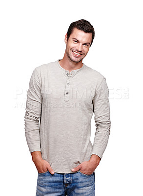 Buy stock photo Portrait, fashion and cool with a man model in studio isolated on a white background looking happy. Smile, casual and modern with a handsome male posing in contemporary clothes for trendy style