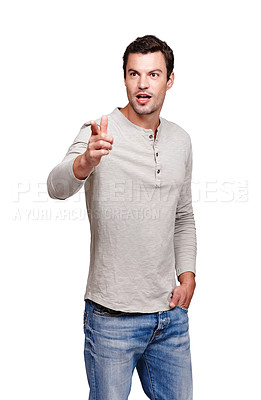 Buy stock photo Thinking, confused and man pointing hand in direction with pondering, shocked and surprise expression. Caucasian model thoughtful and pointing to distance with wow look at isolated white background

