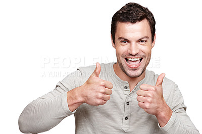 Buy stock photo Portrait, thumbs up and winner with a man in studio isolated on a white background showing an emoji for motivation. Thank you, goal or target with a positive man giving a hand sign of support