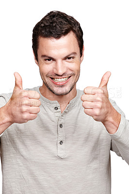 Buy stock photo Young man, thumbs up and smile for winning, discount or sale against a white studio background. Portrait of a isolated handsome male giving thumbsup for agreement, yes or approval on white background