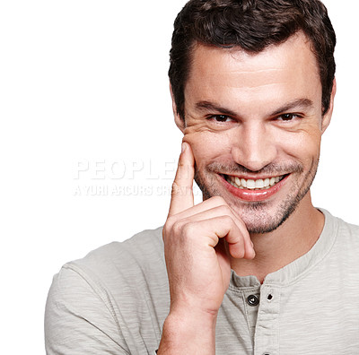 Buy stock photo Man, studio portrait and happiness with smile, thinking and ideas by white background for focus. Isolated model, happy and idea with fashion, hand on face and handsome for cool confidence with shirt