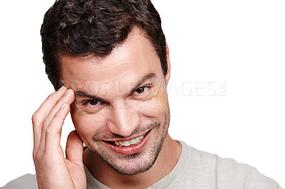 Buy stock photo Happy, handsome and portrait of a man with a smile, sexy and confident isolated on a white background. Happiness, positive and face of a model smiling with confidence and style on a studio background